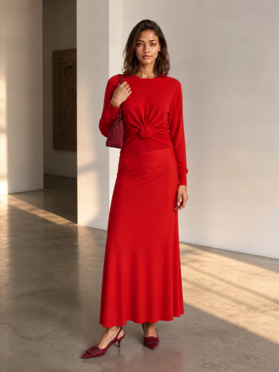 Magda butrym red knit red maxi skirt outfit