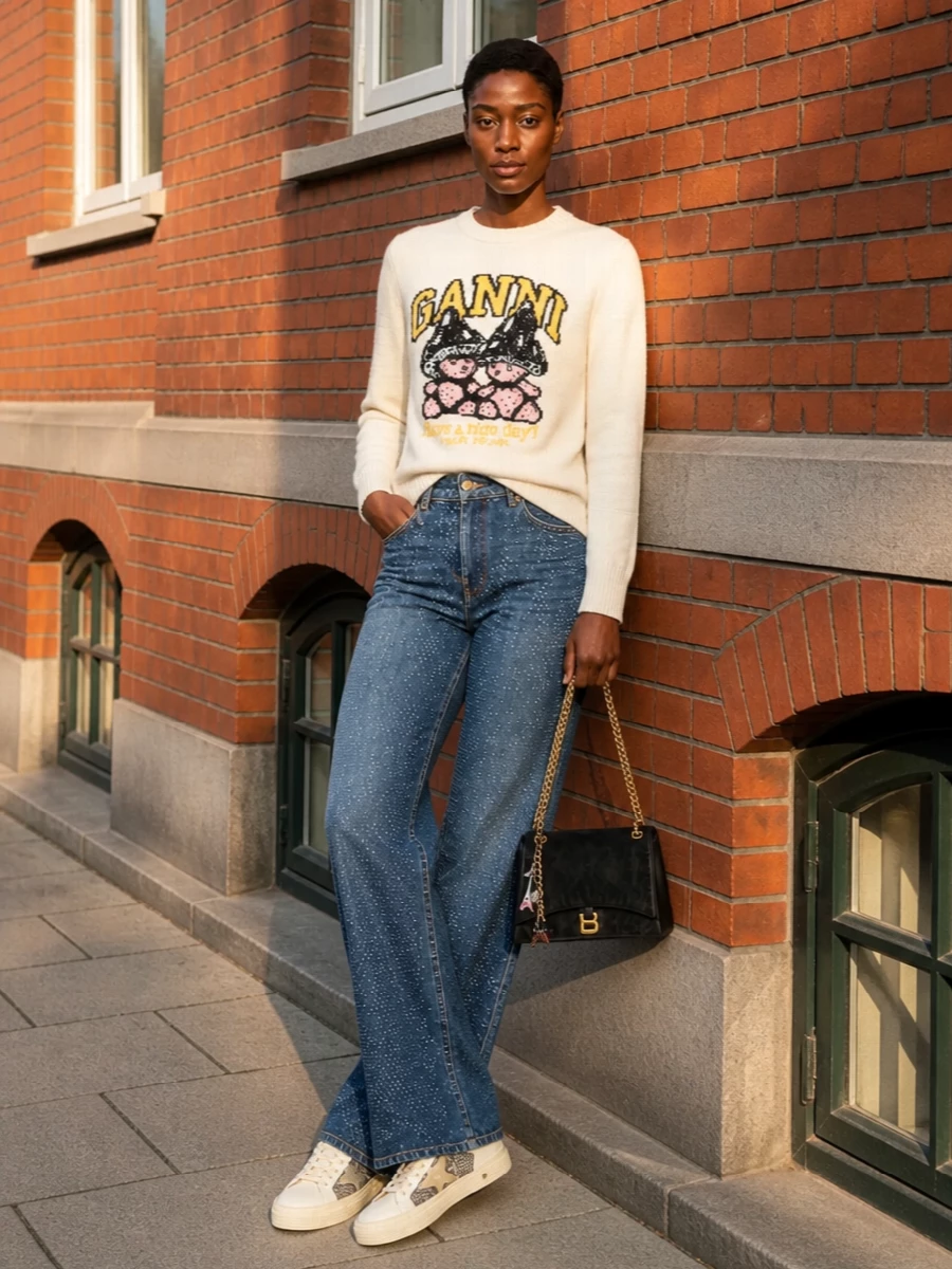 This is a playful city outfit built around creamy Golden Goose sneakers, with the Ganni knit picking up their soft tones and adding tongue‑in‑cheek character. Studded wide-leg denim brings quiet shimmer that chats to the glittered panels on the shoes without tipping into full partywear. The Balenciaga envelope bag sharpens everything just enough for dinners, galleries or late coffee runs while staying relaxed and grounded in streetwear.