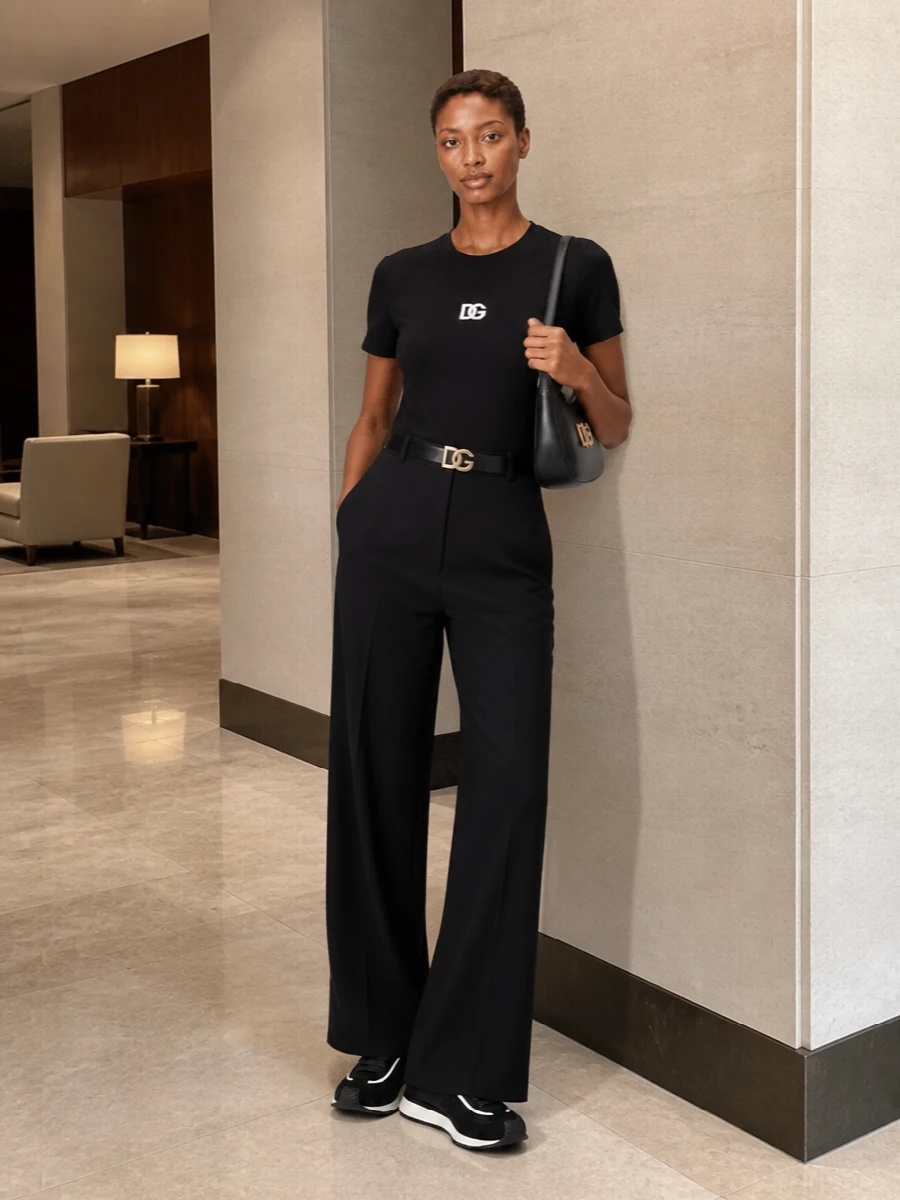 Dolce gabbana black wide leg trousers logo tee