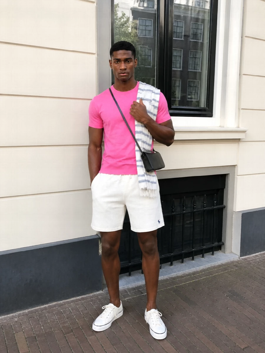 John smedley neon pink knit ivory shorts outfit