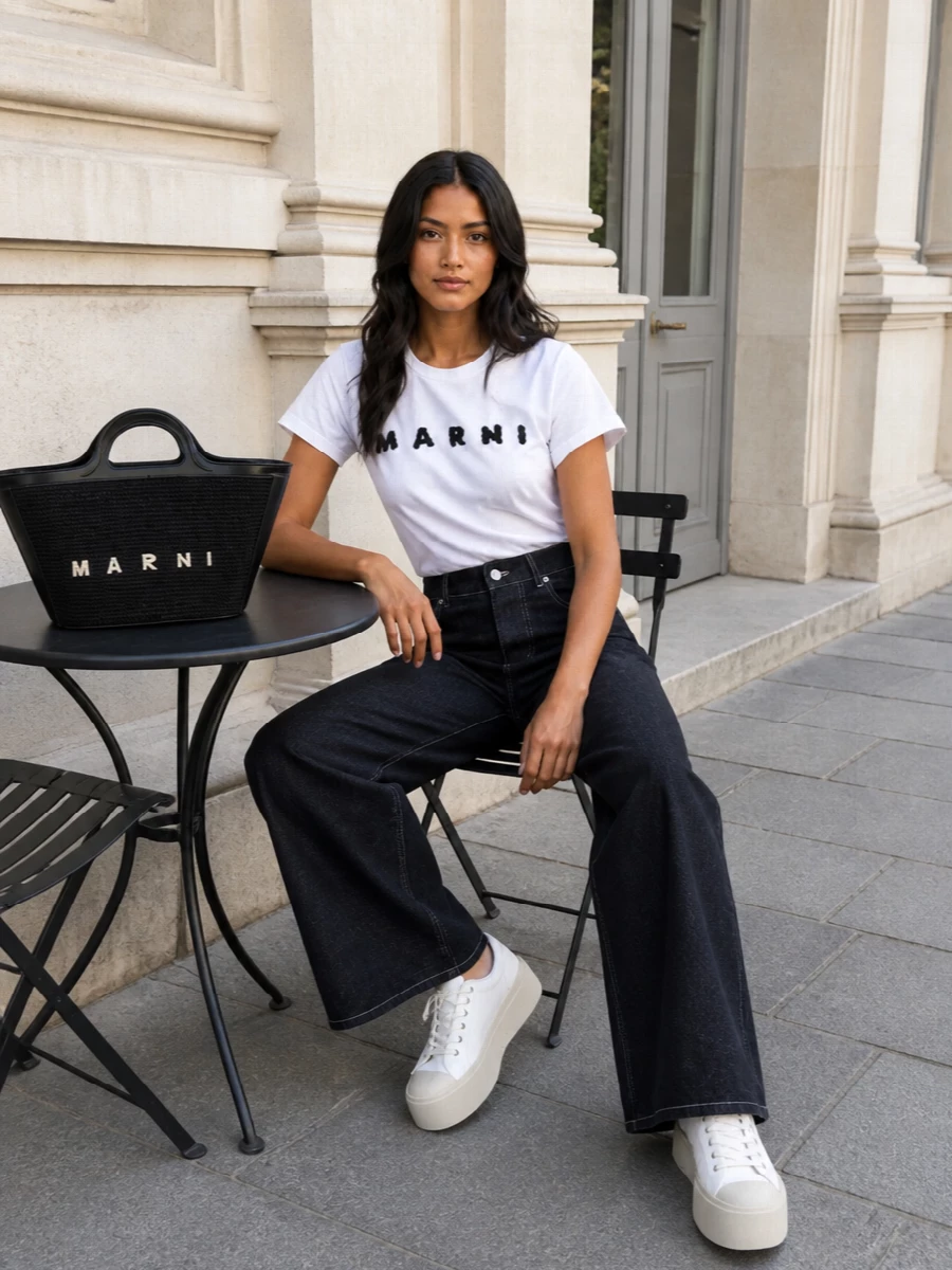 Marni logo tee wide leg jeans outfit