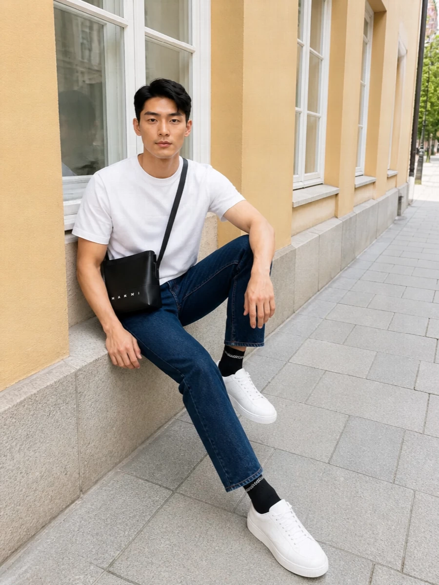 An ice white Kenzo tee sits against dark indigo straight denim for a clean, graphic base that feels relaxed but intentional. Optic white minimal sneakers and a black crossbody echo the tee’s brightness, keeping the palette tight in monochrome and navy. A hint of visible logo socks finishes the outfit with a low-key street cue rather than a statement flourish.