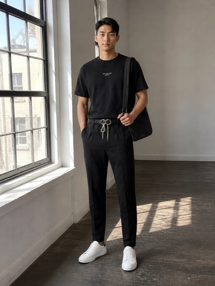 Drole de monsieur tee black joggers white sneakers