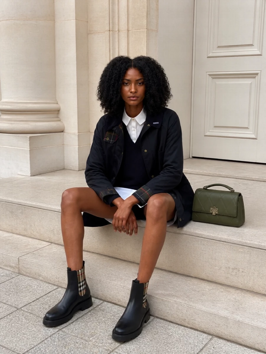 I chose the dress route to keep the Barbour coat as the main outerwear statement without competing tailoring or extra pattern, and the navy shirt dress slots in as a clean, collegiate layer beneath. Grounded with sturdy black Chelsea boots and an olive top-handle bag, the outfit reads like a polished city take on country heritage, ready for wet pavements and weekend plans alike. The result is coherent in brand tier and mood, functional for cold weather and quietly smart rather than overtly formal.