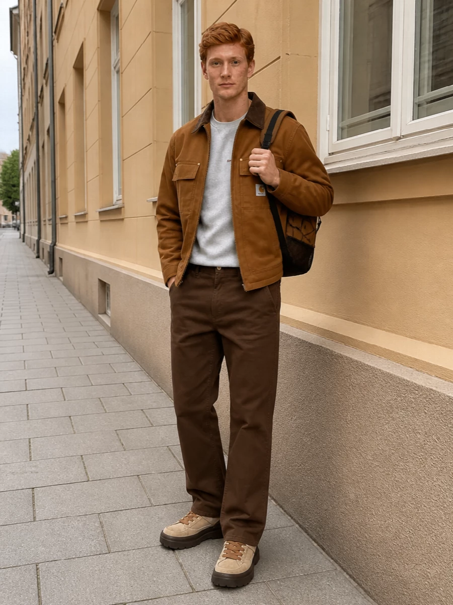 Carhartt work jacket brown pants outfit