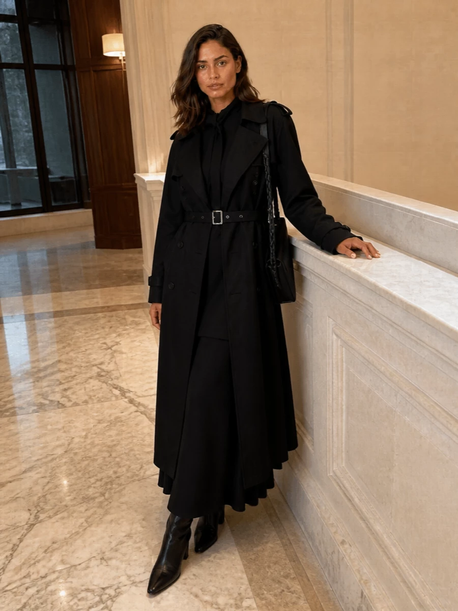 I’m taking the trench fully into after-dark territory with a Jil Sander black maxi, pointed ankle boots and a structured black bag for a strict, elongated silhouette. The shared black palette and architectural details let the coat read as part of the dress rather than outerwear on top, giving a quietly commanding, gallery-dinner sort of energy. A dress route feels stronger than separates here, because it respects the trench’s cinematic line instead of breaking it with a waistband.