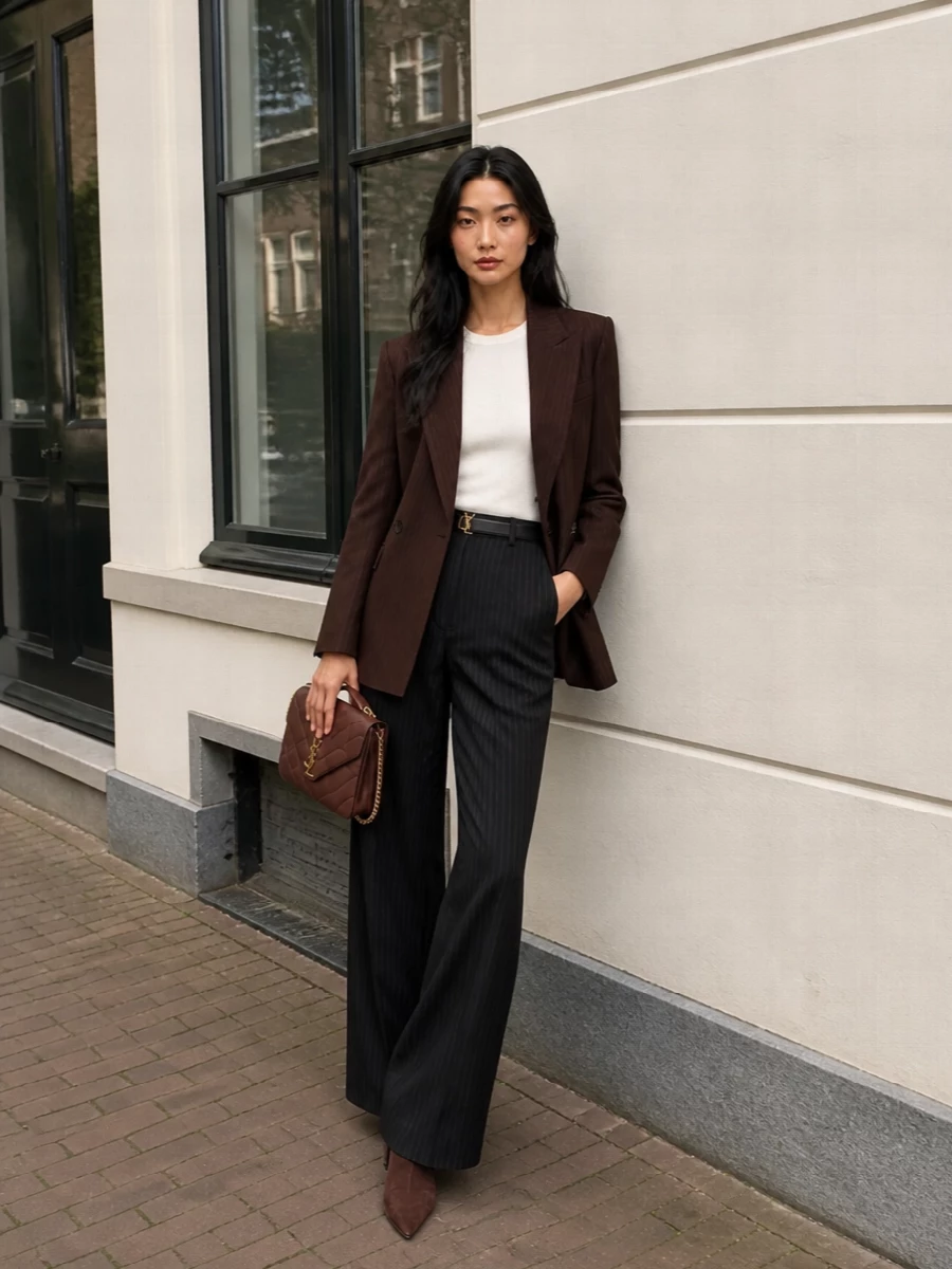 Saint laurent brown pinstripe blazer wide leg pants