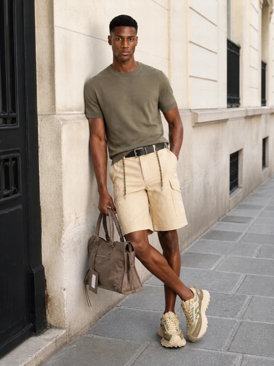 Moncler cargo shorts balenciaga tote outfit