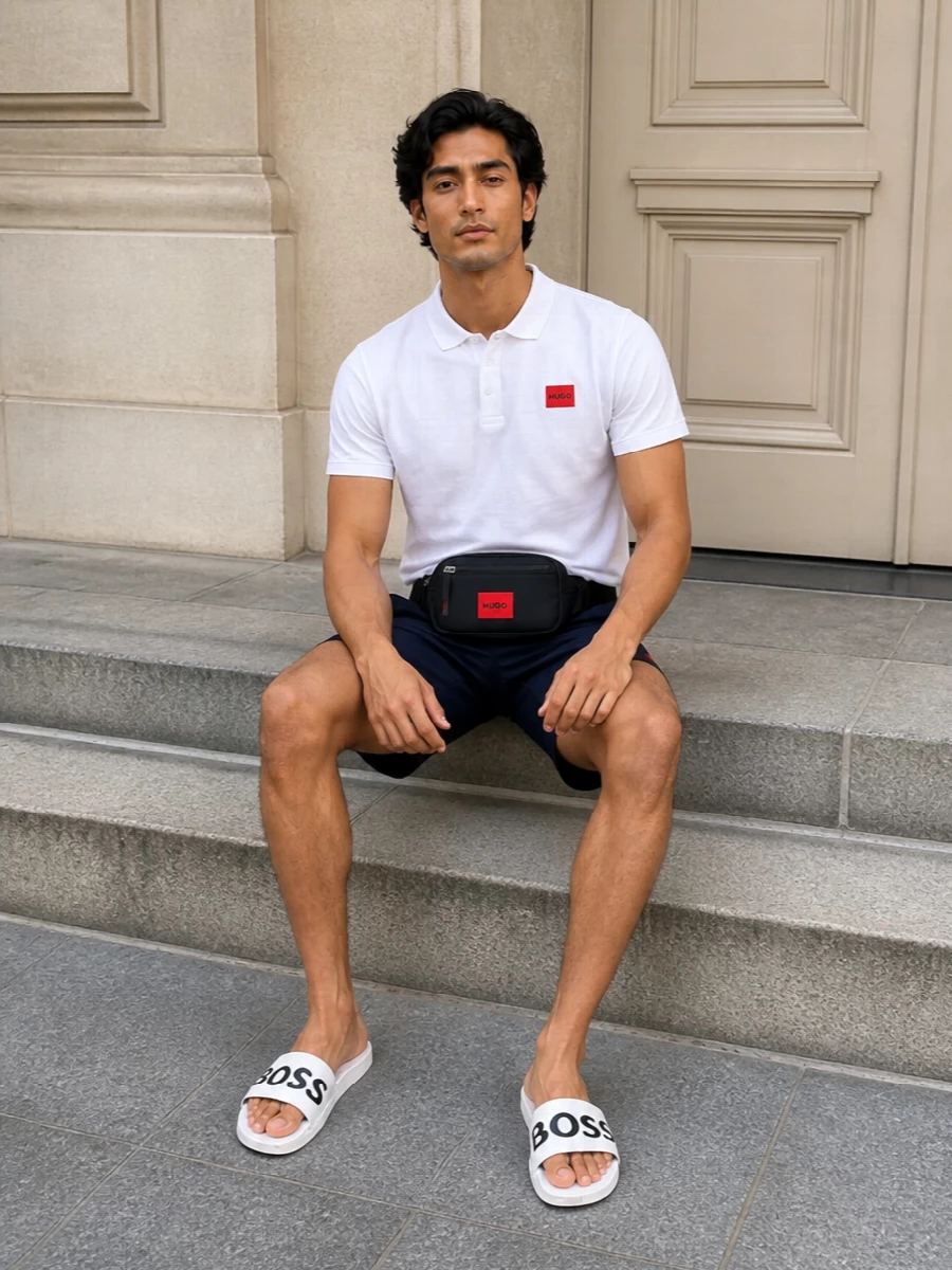 Hugo swim shorts white polo slides outfit