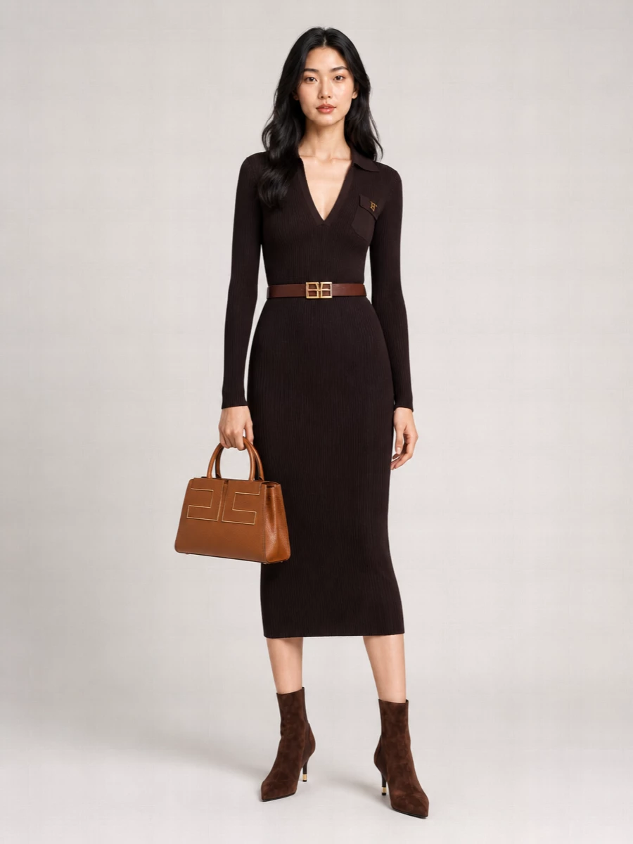 Elisabetta Franchi Silk-Blend Long-Sleeve V-Neck Maxi Knit Dress
