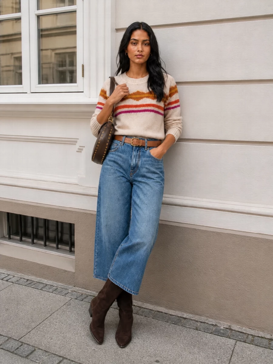 Isabel marant striped sweater wide leg jeans outfit