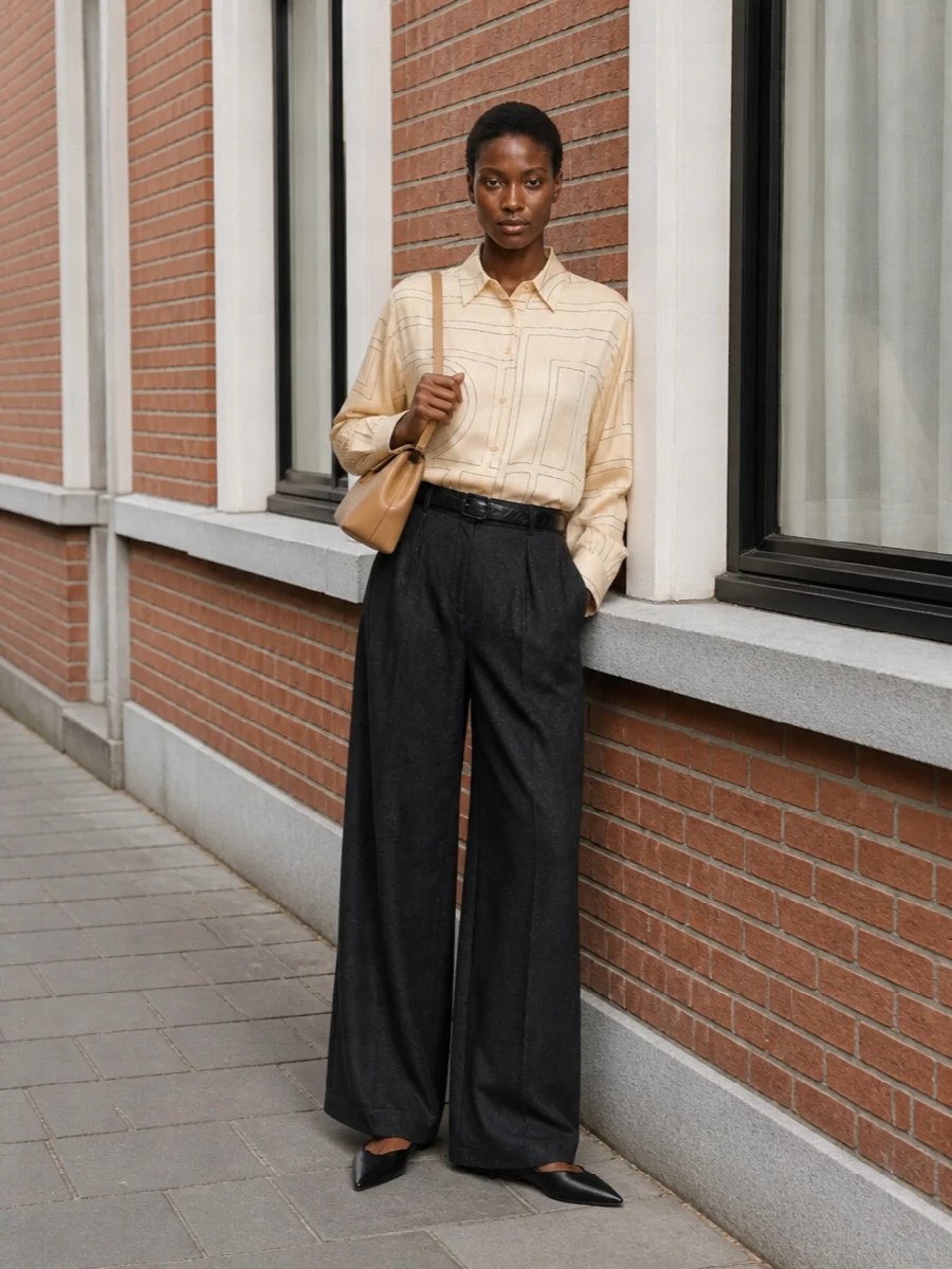 A buttercream Totême shirt with architectural linework is anchored by charcoal wide-leg trousers for a long, quiet column that feels both relaxed and precise. Black pointed flats keep the mood low-key yet sharp, while a camel shoulder bag and slim black belt add just enough structure and warmth without disturbing the clean geometry. The result is calm, grown-up minimalism that moves easily from daytime meetings to dinner in the city.