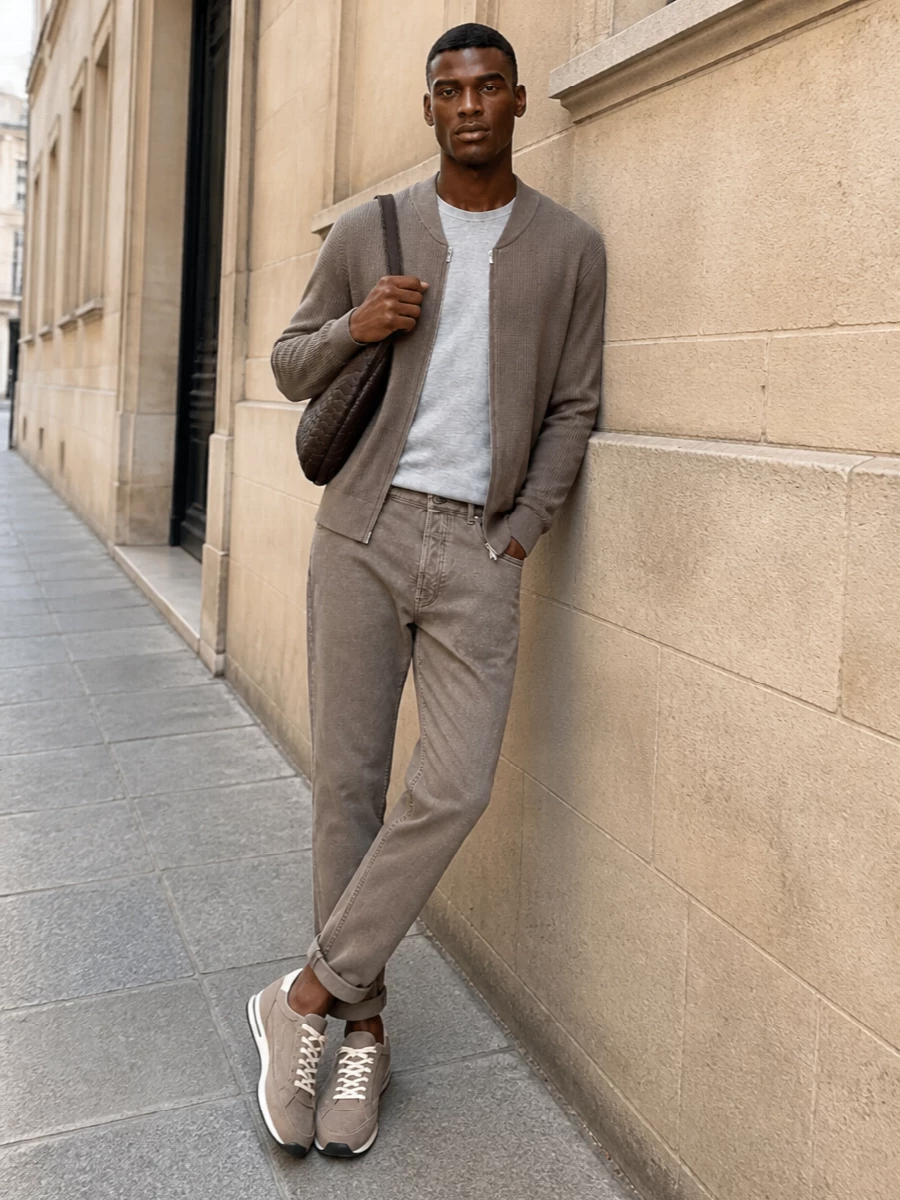Brunello cucinelli bomber taupe pants outfit