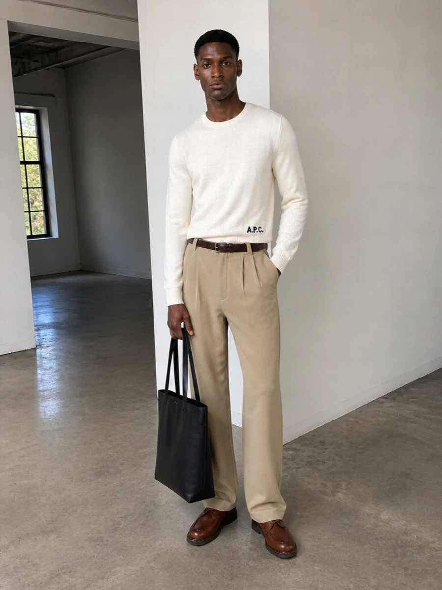 Apc wide leg trousers cream sweater derbies