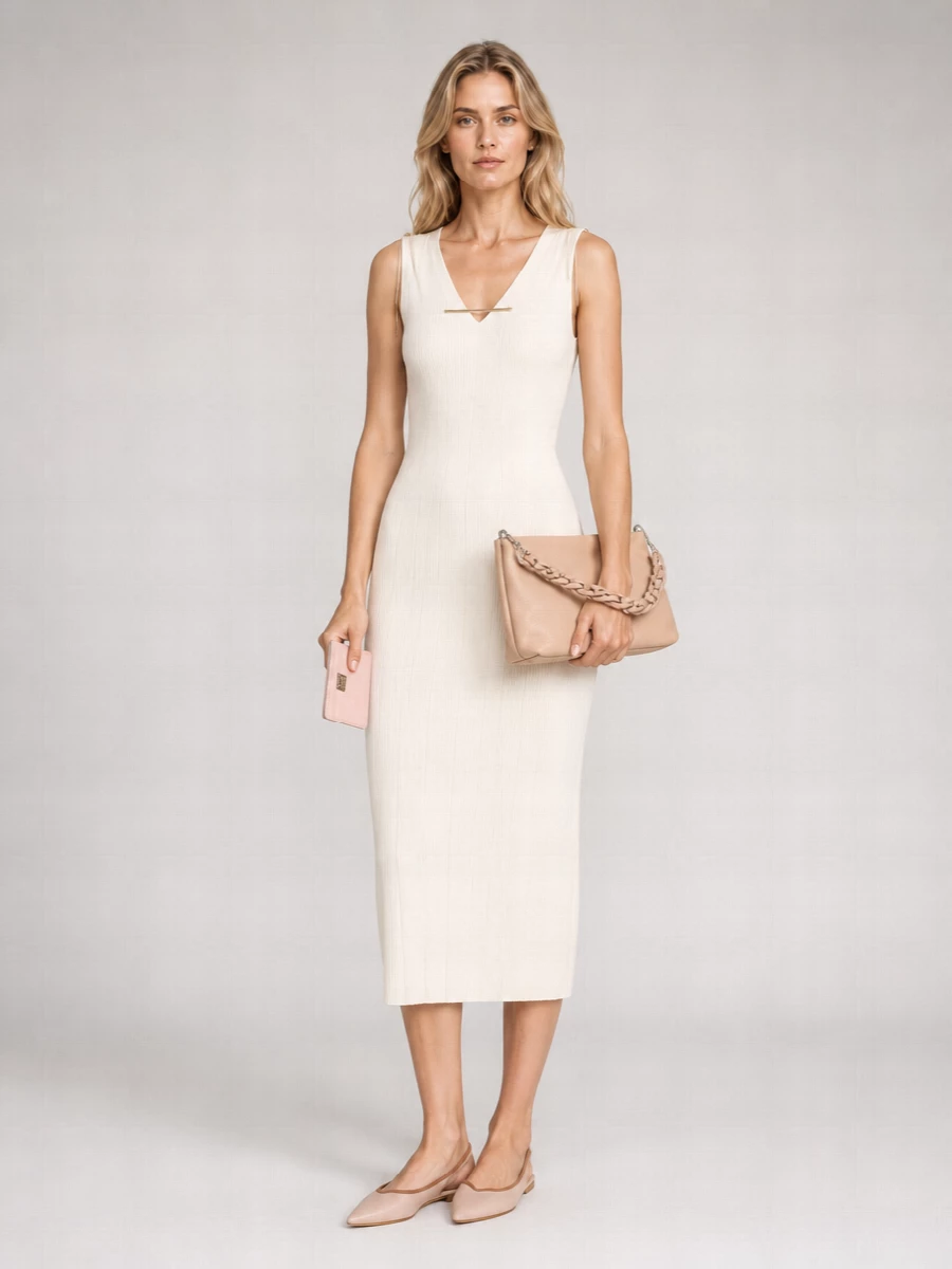 I am building around the dress rather than top and bottom, as a single ribbed midi in ivory keeps the silhouette long and clean, which harmonizes best with the slim, blush Dolce&Gabbana cardholder. The result is a quietly luxurious summer column in soft neutrals and pinks, grounded by mesh slingback flats and a supple nude-blush bag for ease. It feels polished enough for terrace lunches and city evenings while staying relaxed and low-key in its branding.