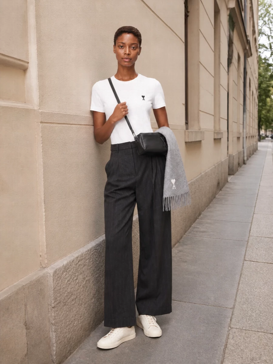 A crisp white Ami tee is grounded by high-waisted charcoal pinstriped trousers, creating a clean, elongated line that feels smart without tipping into formal. Off-white court sneakers keep it relaxed and quiet, while a black Ami cross-body and soft grey scarf add just enough structure and texture for city days. The result is minimalist Parisian polish built entirely from modern, easy separates.