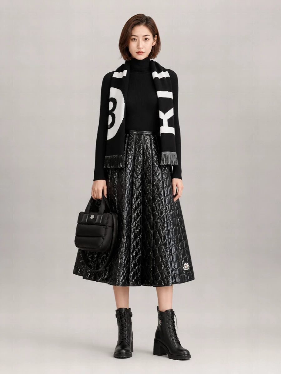 Moncler Quilted Checked Midi A-Line Skirt