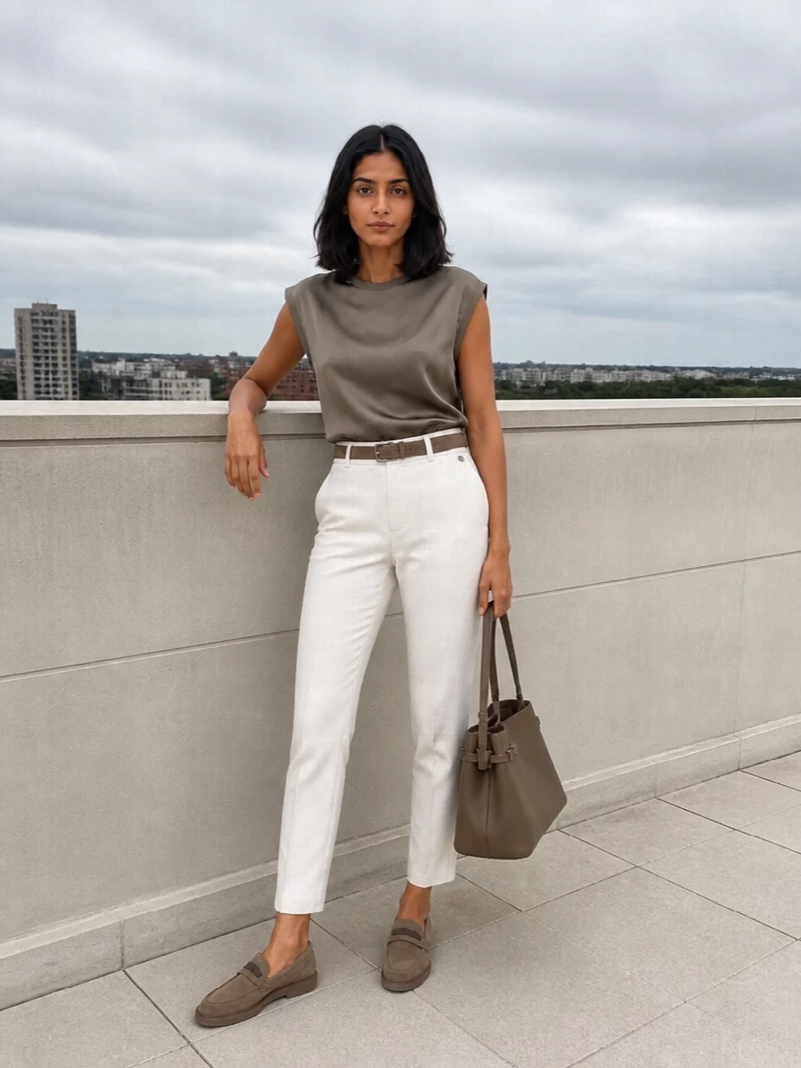 Brunello cucinelli taupe shell ivory tailored pants