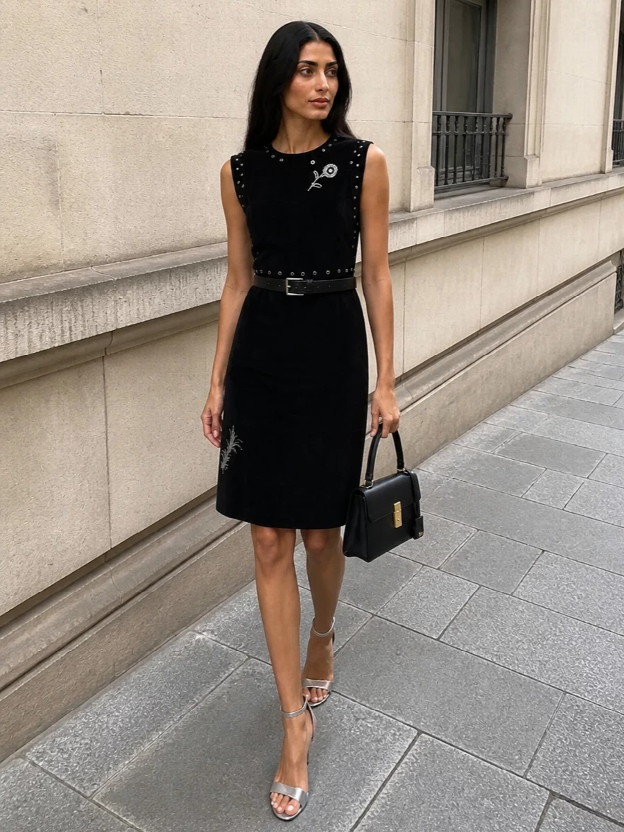 Prada black studded shift dress outfit ideas