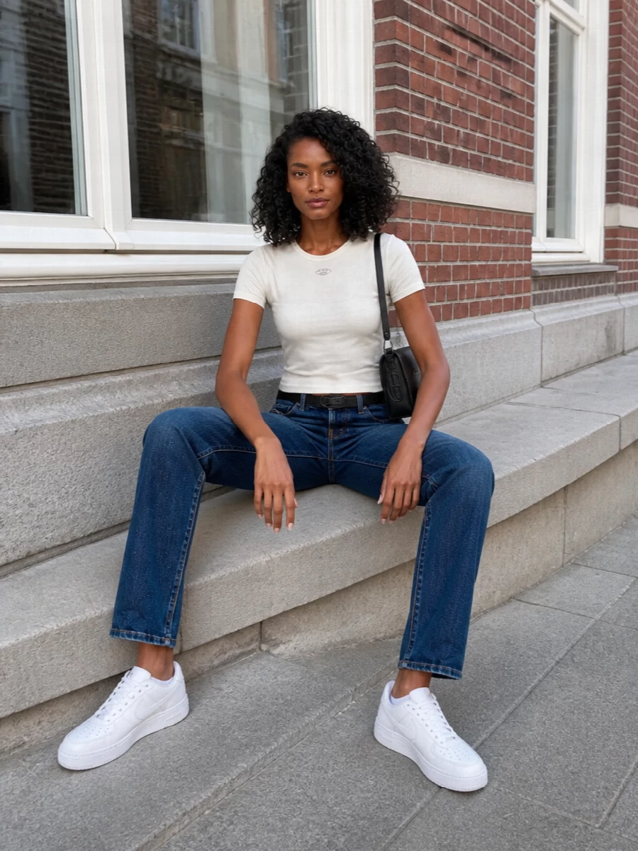 Mid-wash straight denim meets a slim ivory tee for a clean, modern take on off-duty dressing. White low-top sneakers keep the energy relaxed, while a structured black shoulder bag and subtle logo belt add just enough edge. It is an easy uniform that feels considered without trying too hard.