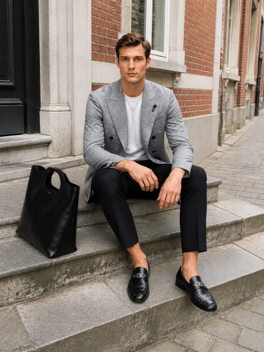 Anchored by the slim black Bottega belt, this pairing of Lardini’s soft-structured grey double-breasted jacket and Etro’s clean black trousers hits a sweet spot between boardroom polish and dinner poise. Christian Louboutin loafers quietly pick up the belt’s silver hardware, while McQueen’s architectural tote adds a precise, modern edge without disturbing the minimalist palette. The result is a controlled, quietly luxurious uniform that moves smoothly through a full city day into the evening.