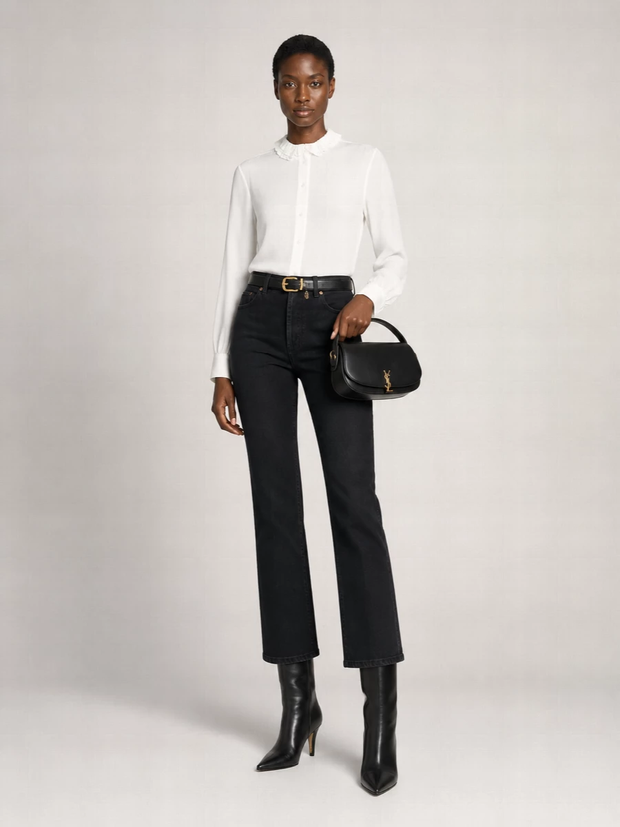 Washed-black flared denim meets a softly romantic white shirt for a clean, high-waisted silhouette that still feels relaxed. Sharp black knee boots extend the line and give the outfit a confident, evening-leaning edge. A slim black belt and compact gold-detailed baguette bag tie everything together with precise, Parisian polish.