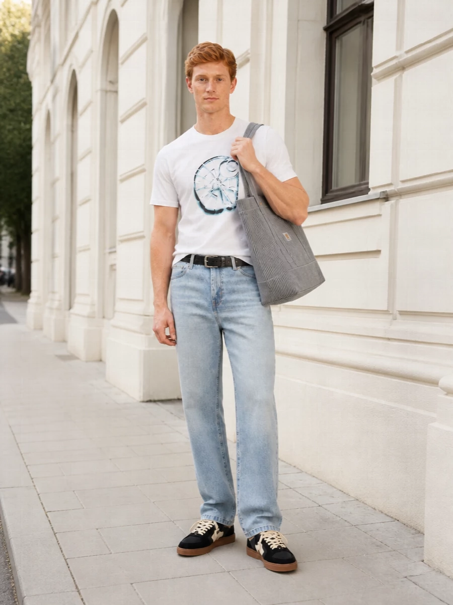 Clean white jersey, washed blue denim and black gum-sole sneakers keep the mood easy and grounded, with the circular graphic doing the talking. The light stonewash jean balances the regular-fit tee for a relaxed straight-line silhouette that still feels considered. A striped workwear tote and simple black belt underline the utility angle without crowding the palette.