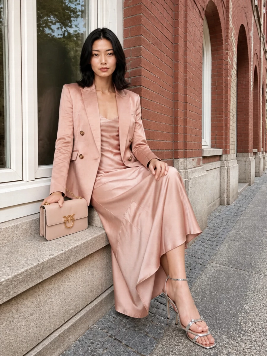 Pinko blush blazer satin slip dress heels