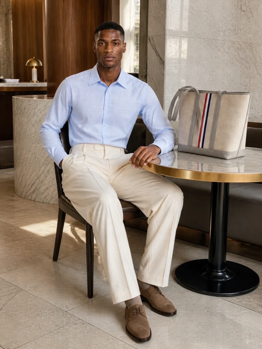 Pale blue and cream keep the outfit bright and precise, with the pleated wide-leg trouser giving the classic shirt a more modern, architectural line. Tan suede derbies warm the palette while staying smart, and the structured canvas tote echoes that quiet, tailored clarity for city days that need polish without stiffness. Wear the shirt tucked to emphasise the high rise and let the volume fall clean from the waist.
