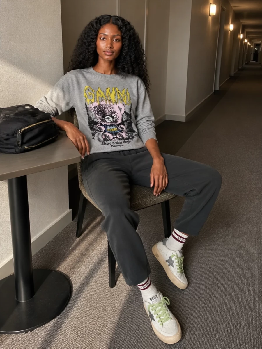 Ganni sweatshirt charcoal track pants sneakers