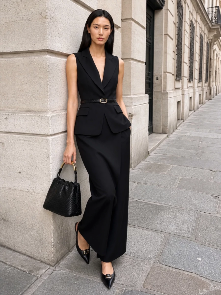 Max mara tuxedo vest wide leg trousers outfit