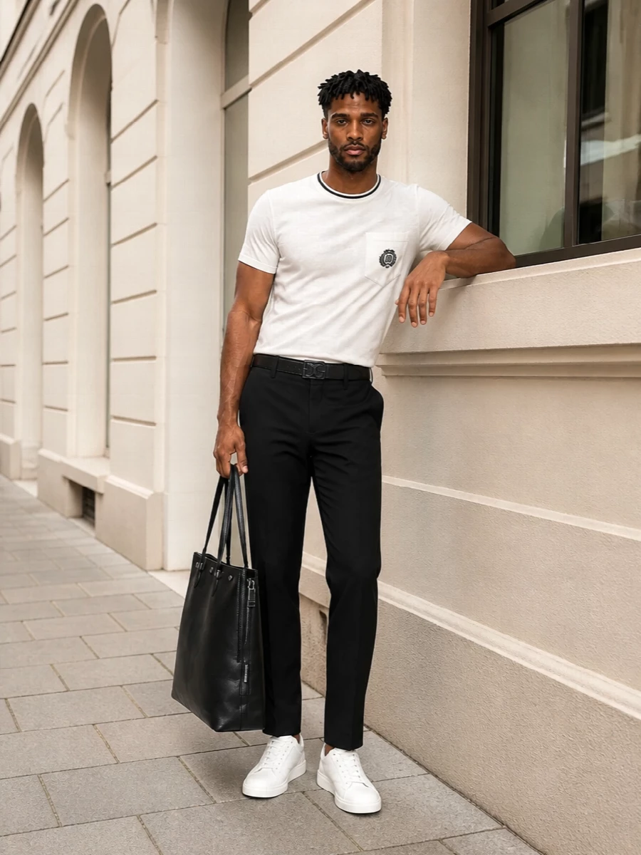 A clean off-white crest tee is grounded with sharp black wool trousers for a modern, quietly polished take on casual tailoring. Pure white sneakers keep the energy light, while a structured black leather tote and slim logo belt introduce just enough formality for city days that move into the evening.