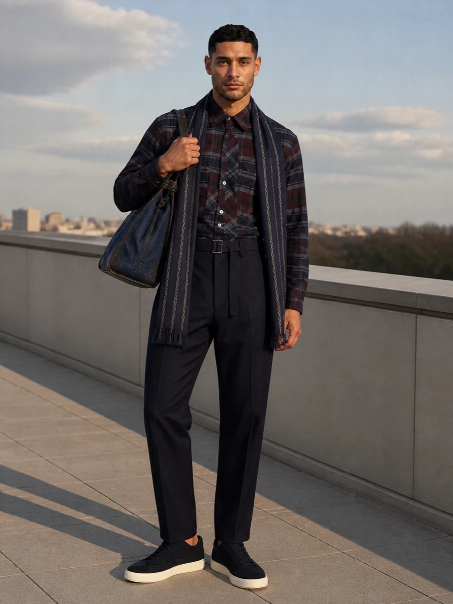 Sacai plaid shirt navy trousers prada tote