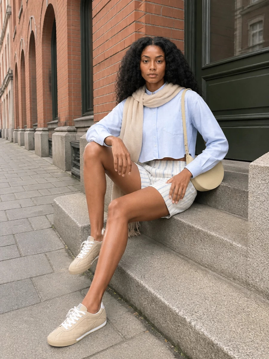 Pale stripes and soft sky blue keep this set fresh, while the cropped shirt meets the relaxed short at just the right point for a clean, collegiate line. Sand suede sneakers and a butter-toned shoulder bag soften the palette, so the outfit works for city errands, brunch or lazy office Fridays without feeling overthought. A fluid beige scarf finishes the story in a way that still feels minimal and quietly considered.