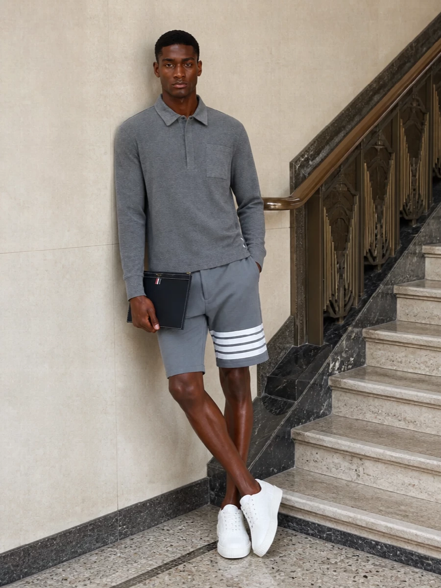 Thom browne grey polo tailored sport shorts outfit