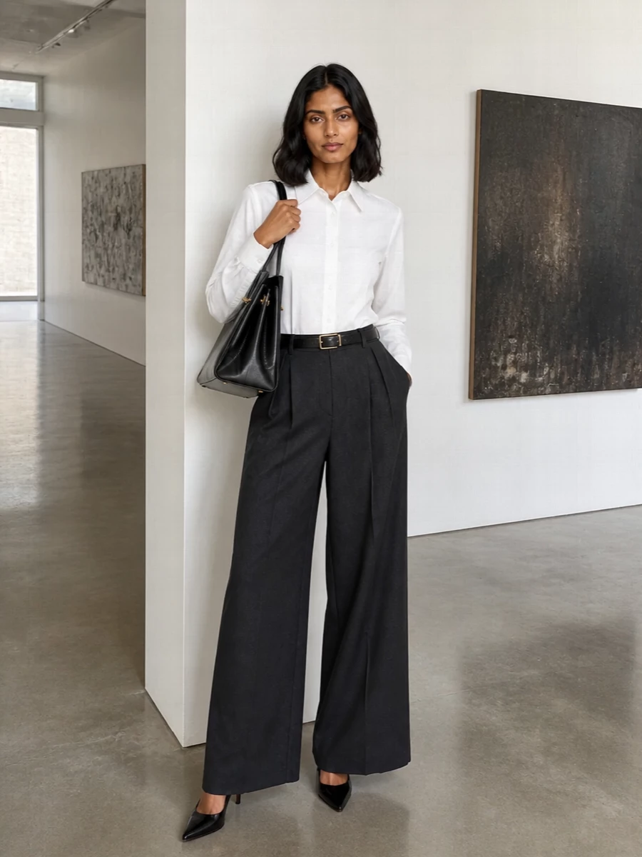 Givenchy white shirt charcoal wide leg trousers