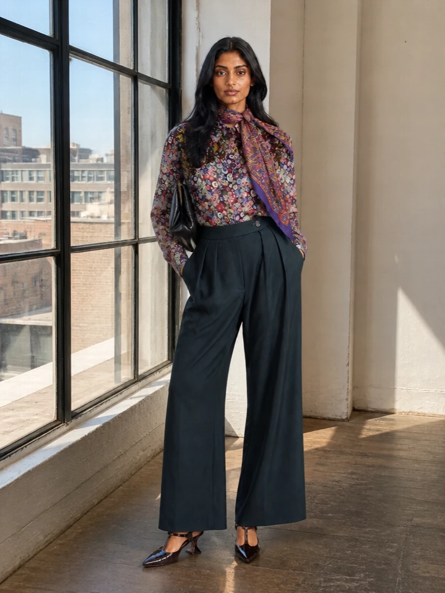 A sheer, beaded Dries shirt meets high-waisted, wide-leg tailoring for a romantic yet precise evening ensemble. Glossy sculptural heels and a black frame clutch pull the print into focus, keeping the mood rich and intelligent rather than busy. A jewel-toned paisley scarf adds a final whisper of bohemian color that echoes the florals without competing with the embellishment.
