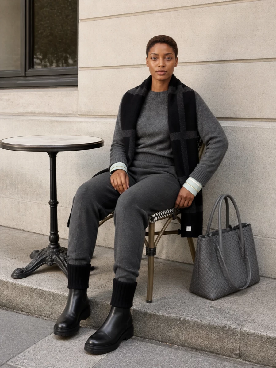 Prada charcoal knit outfit joggers boots