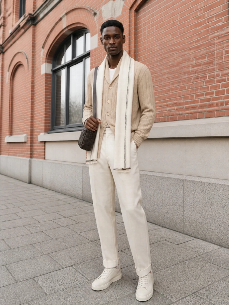 Brunello cucinelli camel cardigan ivory trousers