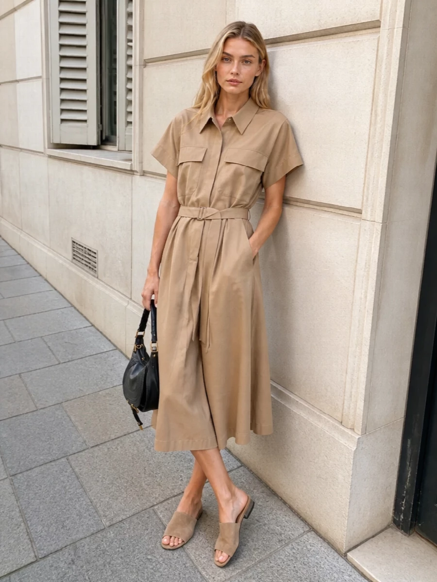 Brunello cucinelli sand shirt dress city outfit