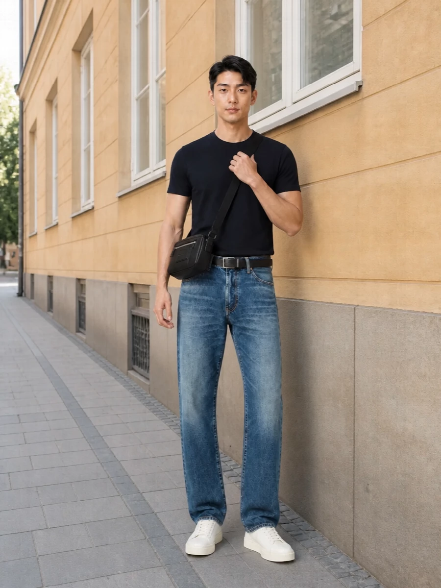Relaxed straight-leg denim meets an ink navy tee for a clean, modern take on casual that feels intentional rather than thrown on. Soft off-white sneakers keep the palette light and fresh, while a compact black crossbody and slim navy belt sharpen the finish without disrupting the ease. The result is a quietly confident city uniform that reads minimalist and street-aware in equal measure.
