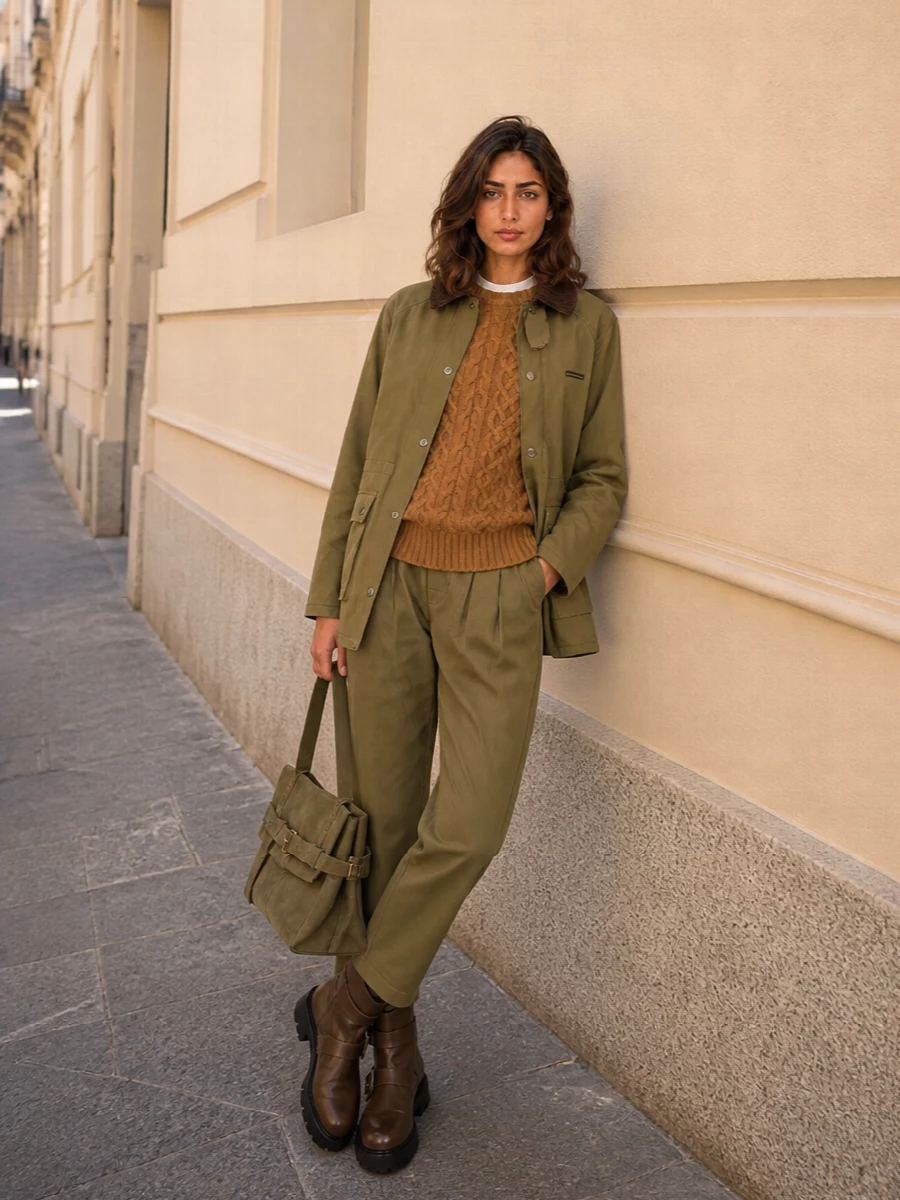 Moschino field jacket khaki trousers outfit