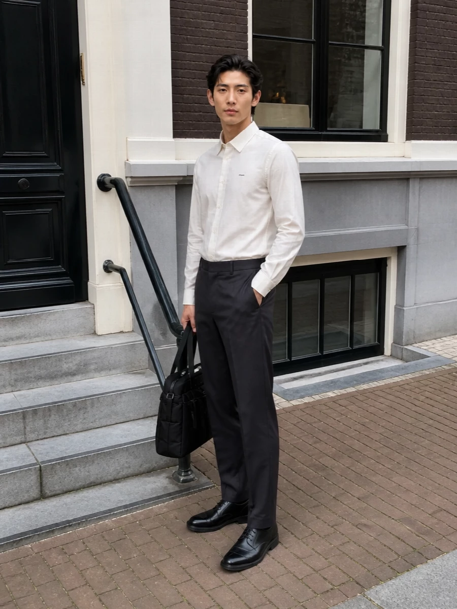 An ivory Prada shirt and deep charcoal Margiela trouser create a precise, monochrome foundation that feels quietly authoritative. Black Margiela derbies and a padded black briefcase keep the line clean and intentional, ideal for days when you want polish without noise.