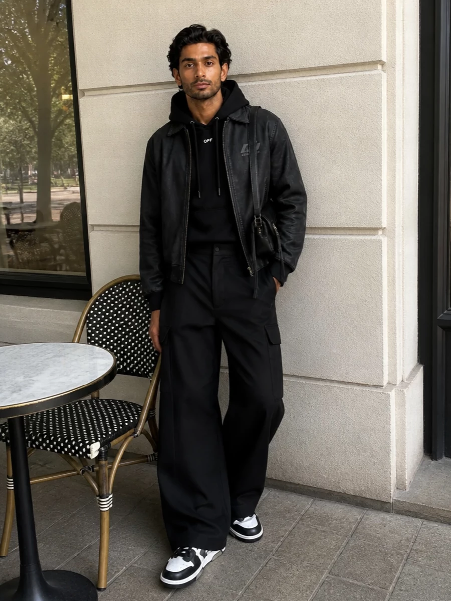 A tight monochrome uniform built around Off-White’s bomber, this set leans into clean graphics and hardware to feel sharp rather than hyped. The high-waist wide-leg cargo opens up the silhouette, while the padded sneakers and compact shoulder bag keep everything city-ready and grounded. It is a modern streetwear kit that reads intentional from commute to late-night bar runs.