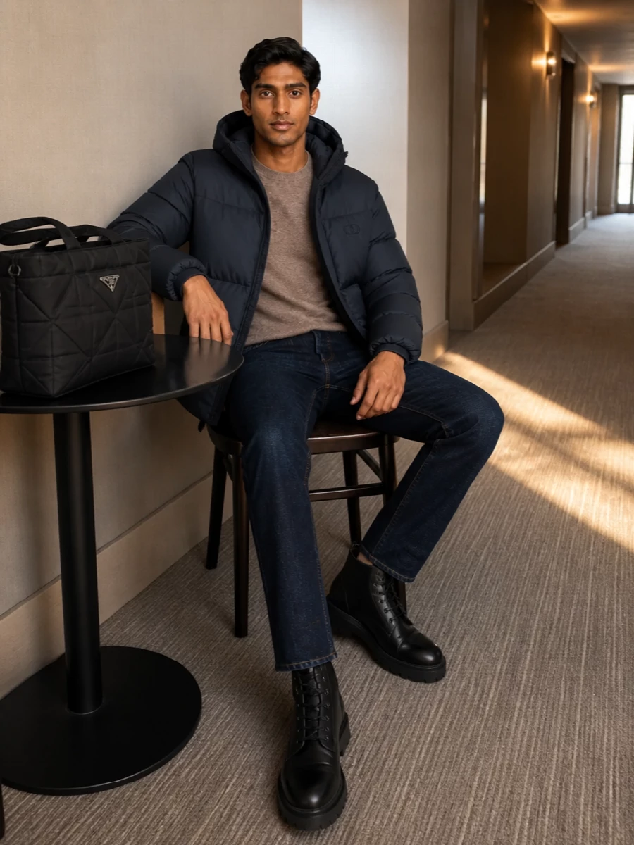 Dior puffer dark denim combat boots outfit