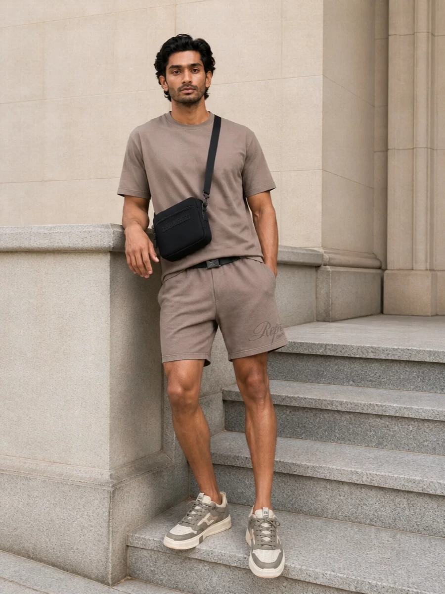 Represent taupe shorts tee sneakers outfit
