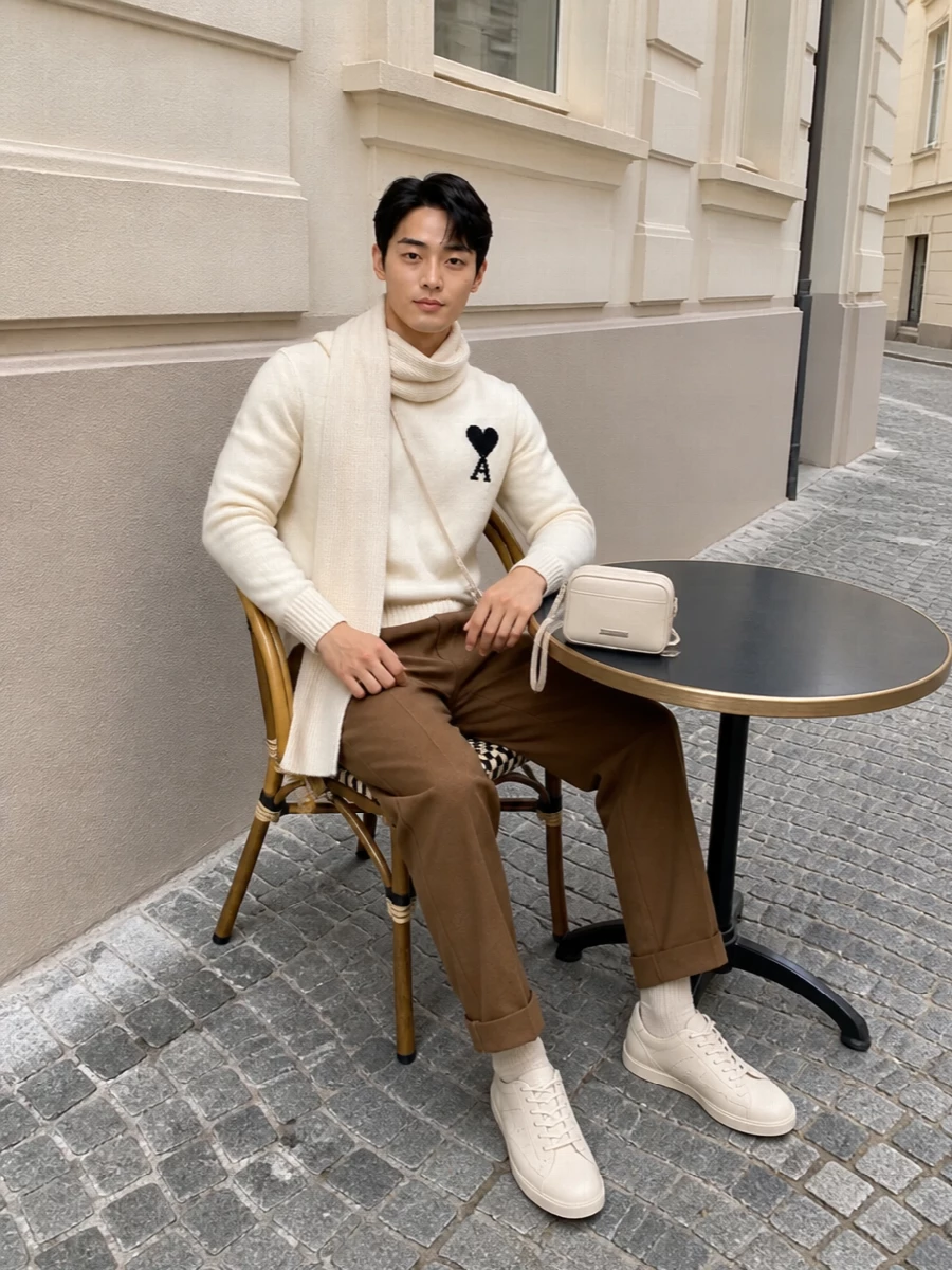 Ami paris cream sweater caramel trousers outfit