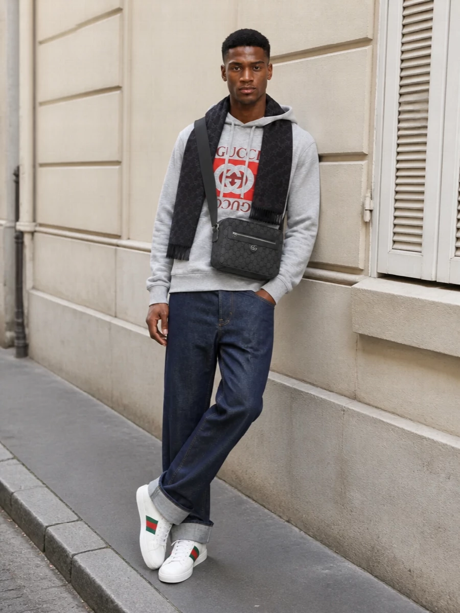 Gucci logo hoodie raw denim web sneakers