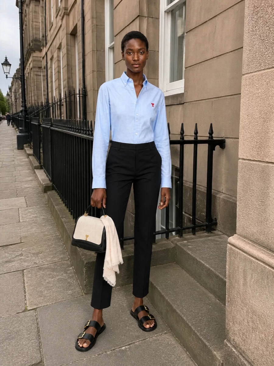 Ami paris blue shirt black tailored trousers outfit