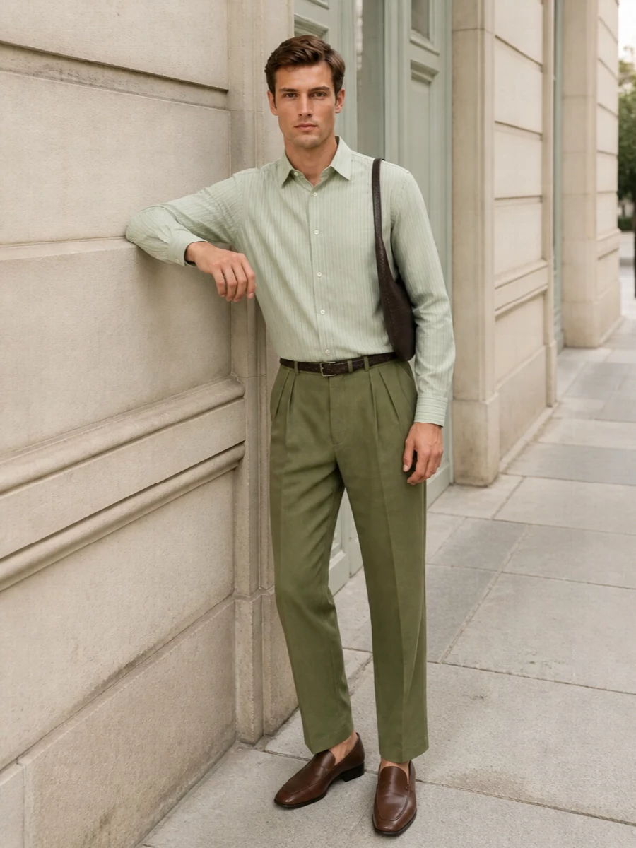 Soft greens and olives stay within a quiet tonal story, with the striped shirt easing the tailored trouser into something relaxed but still precise. Brown leather accents in the loafers, belt and crossbody warm the palette and keep the mood polished rather than formal. The result is smart city dressing that feels thoughtful and composed, ideal for warm days when you want suiting polish without rigidity.